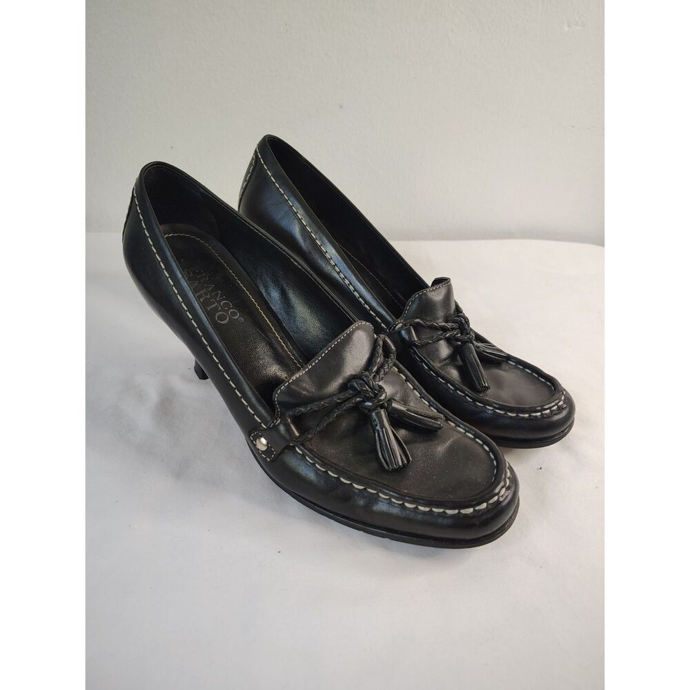 Franco Sarto Black Leather Tassel Loafer Heels Womens 7M Dress Shoes Classic - Picture 2 of 9